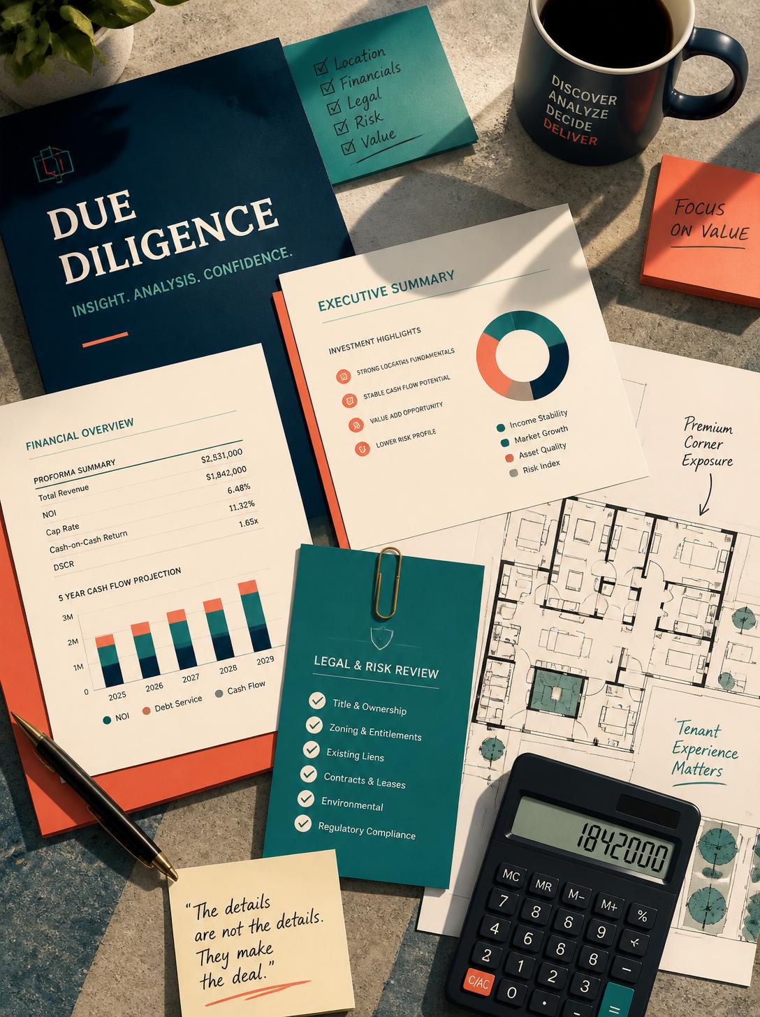 documents, calculator, floor plan